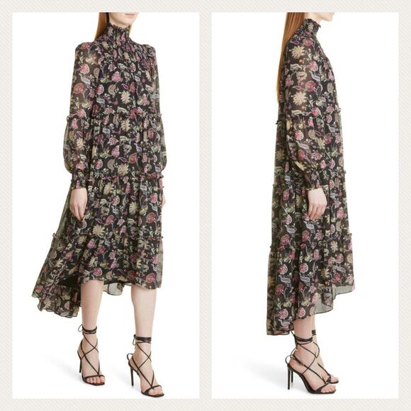 Cinq A Sept Rika Black Paisley Floral Long Sleeve Dress Size 6 - Picture 9 of 9